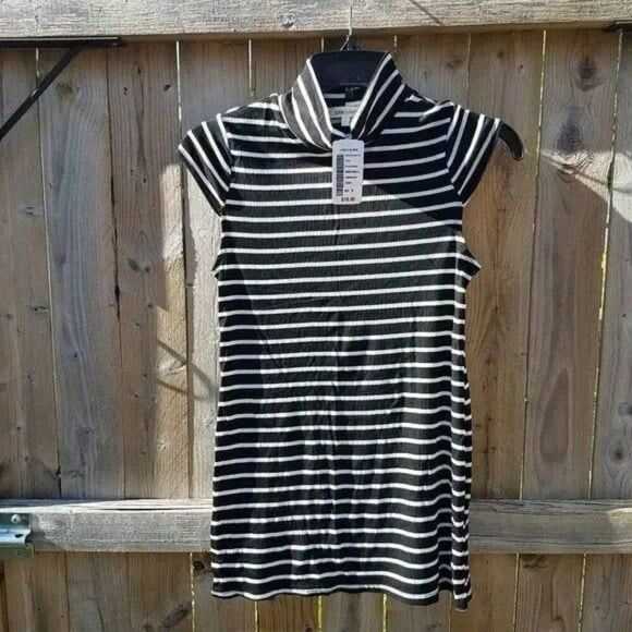 Love Culture Tops - Black & White Small Long Top by Love Culture Juniors Striped Mock Turtle Neck